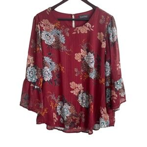 Luxology Women Boho Romantic Top XL Rust Sheer Floral Lined Flowy Cottage Whimsy
